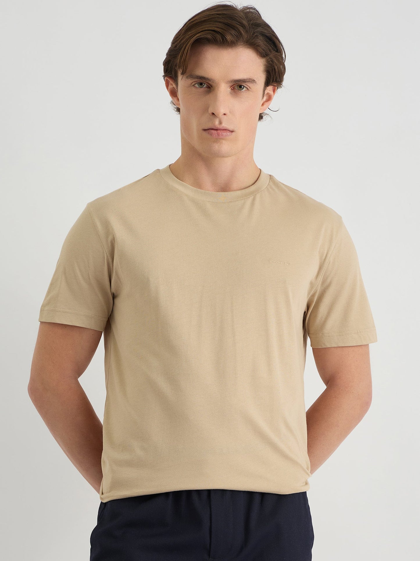 Gant Men Beige Regular Fit Solid Crew Neck Tshirt