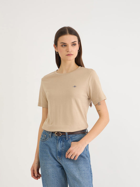 Gant Women Beige Solid Crew Neck Tshirt