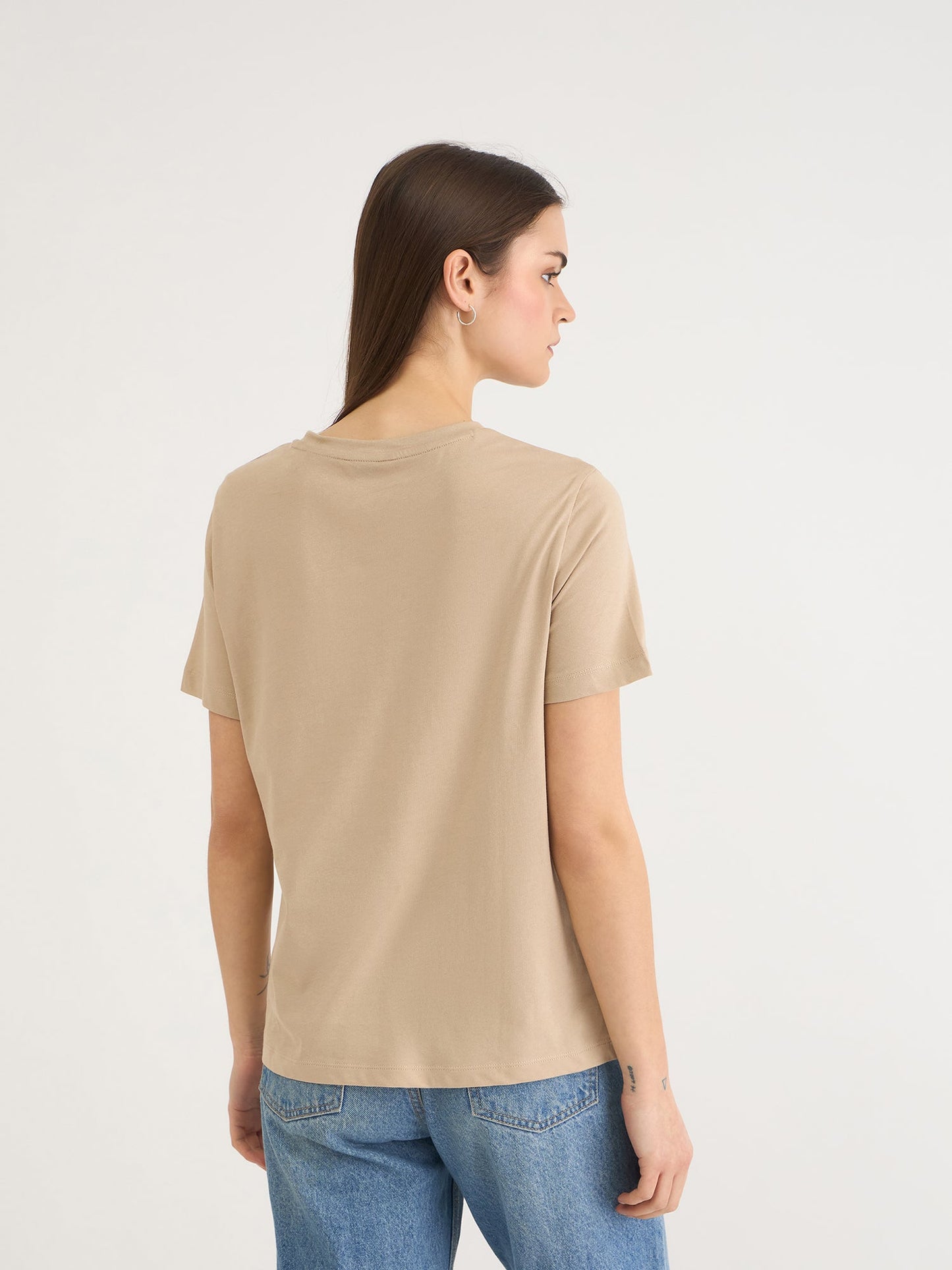 Gant Women Beige Solid Crew Neck Tshirt