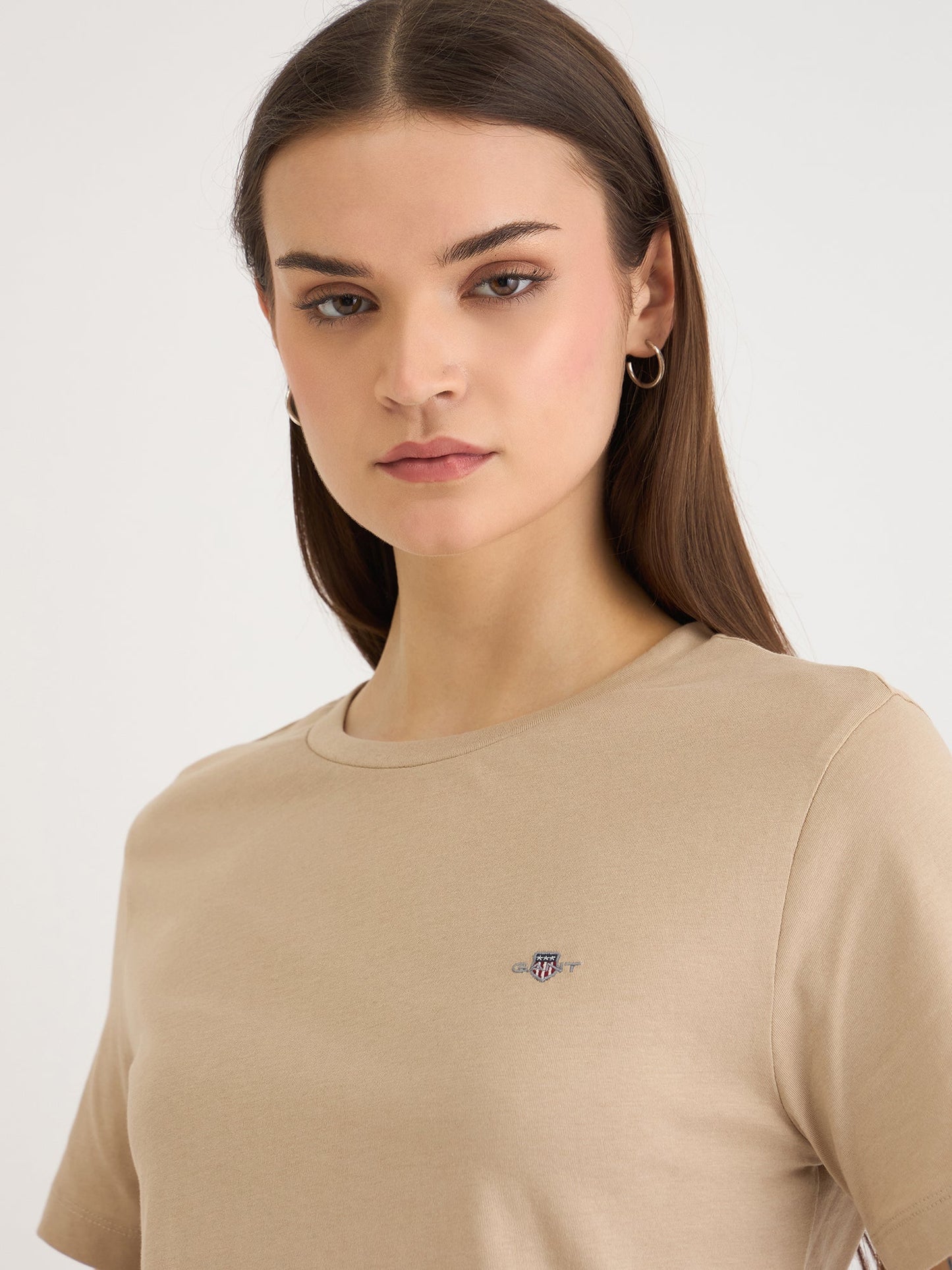 Gant Women Beige Solid Crew Neck Tshirt