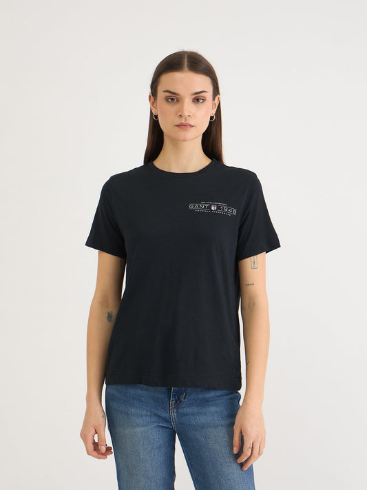 Gant Women Black Solid Crew Neck Tshirt