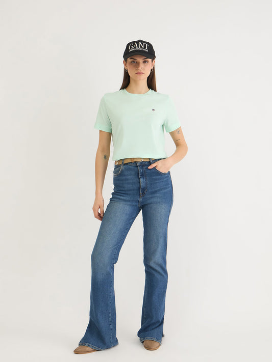 Gant Women Green Solid Crew Neck Tshirt