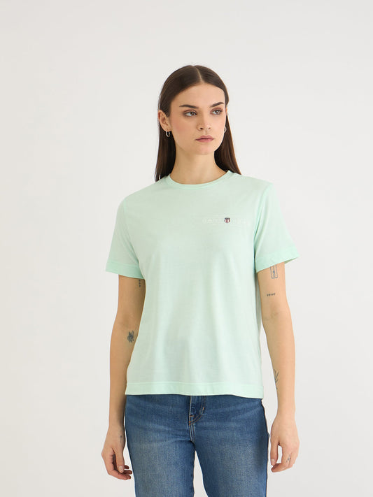 Gant Women Green Solid Crew Neck Tshirt