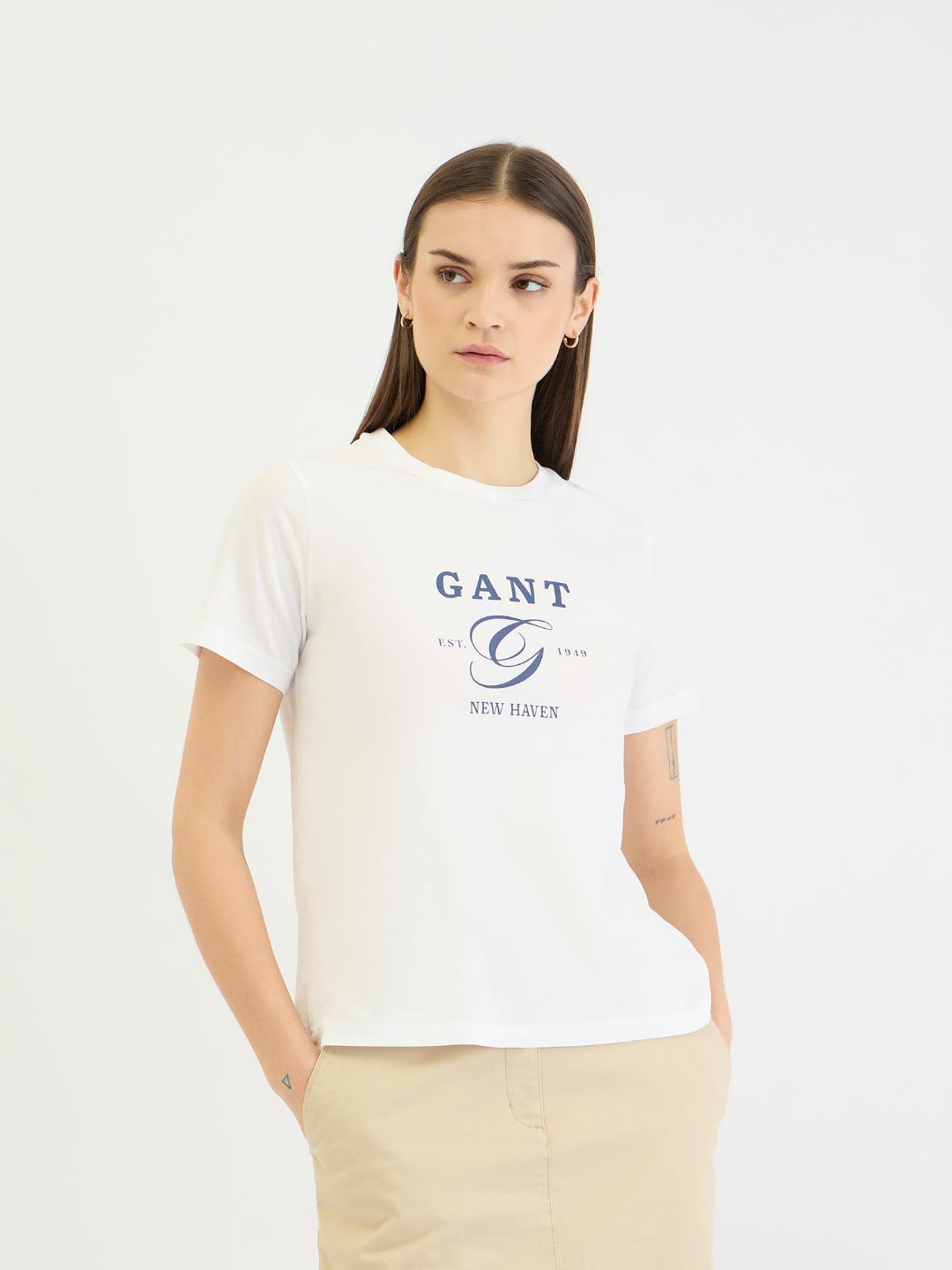 Gant Women White Graphic Crew Neck Tshirt