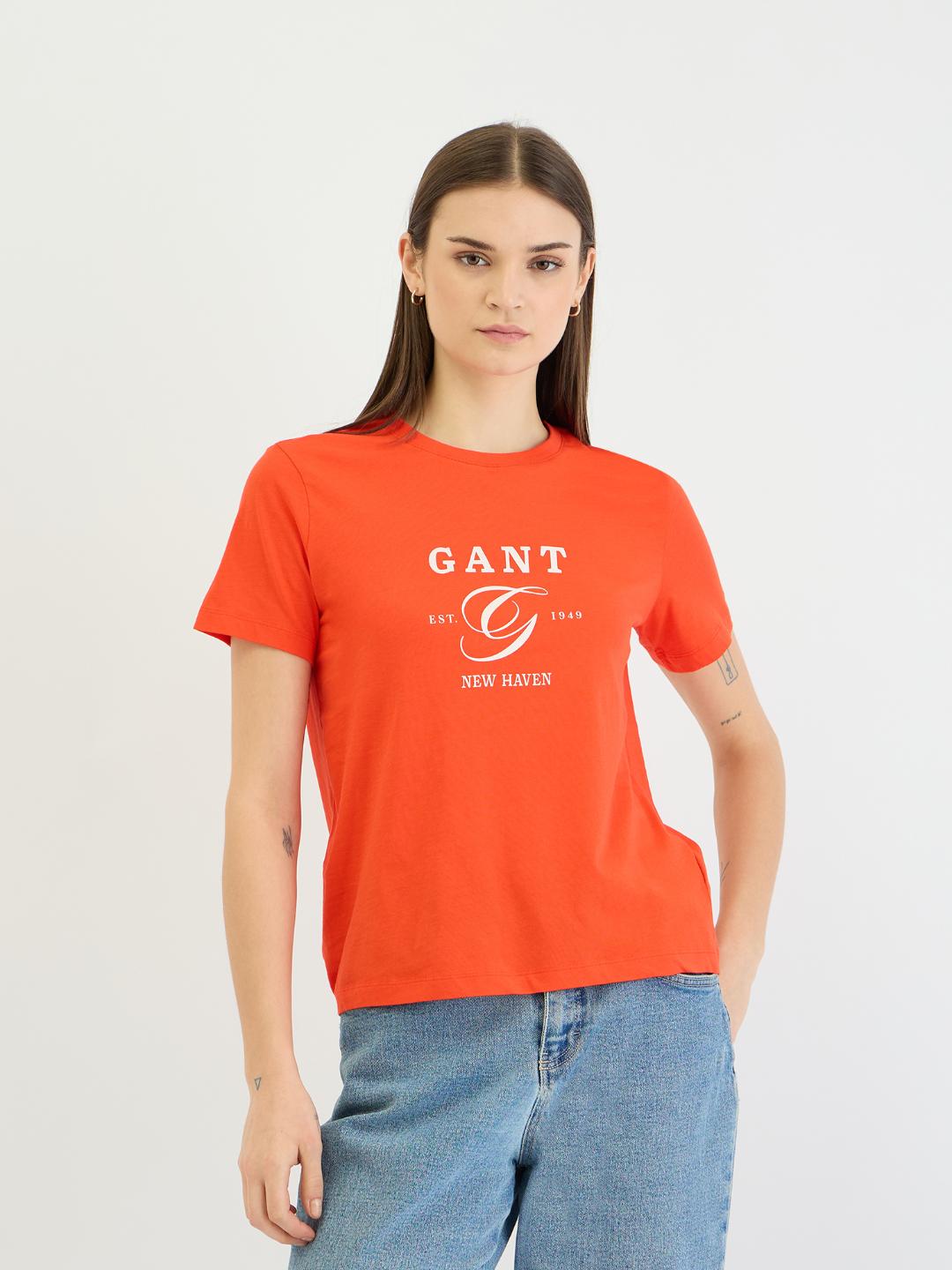 Gant Women Red Placement Print Crew Neck Tshirt
