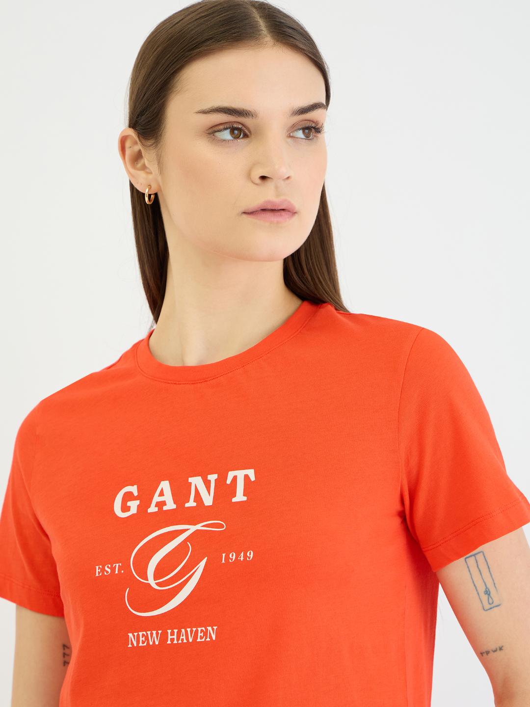 Gant Women Red Placement Print Crew Neck Tshirt