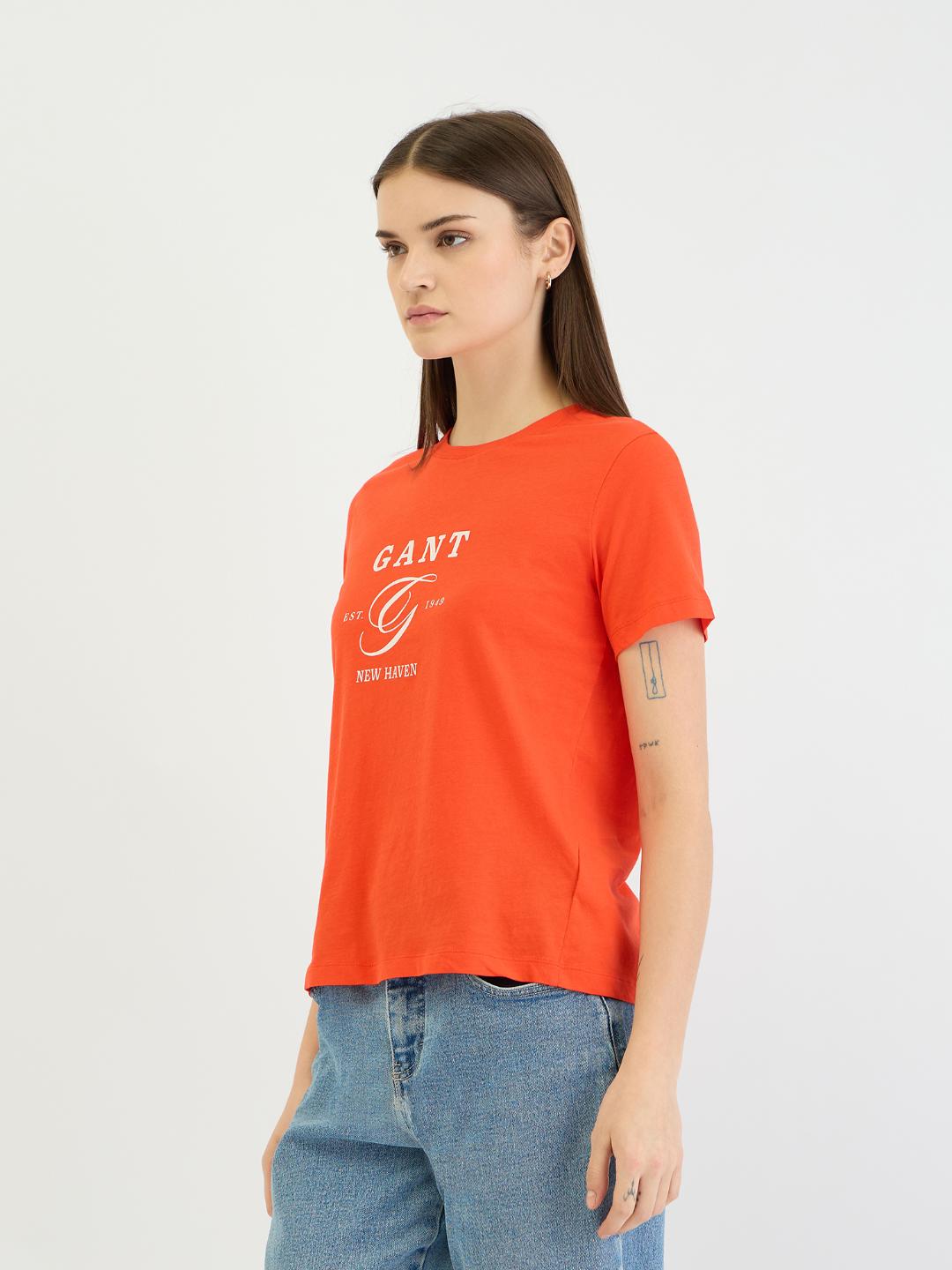 Gant Women Red Placement Print Crew Neck Tshirt