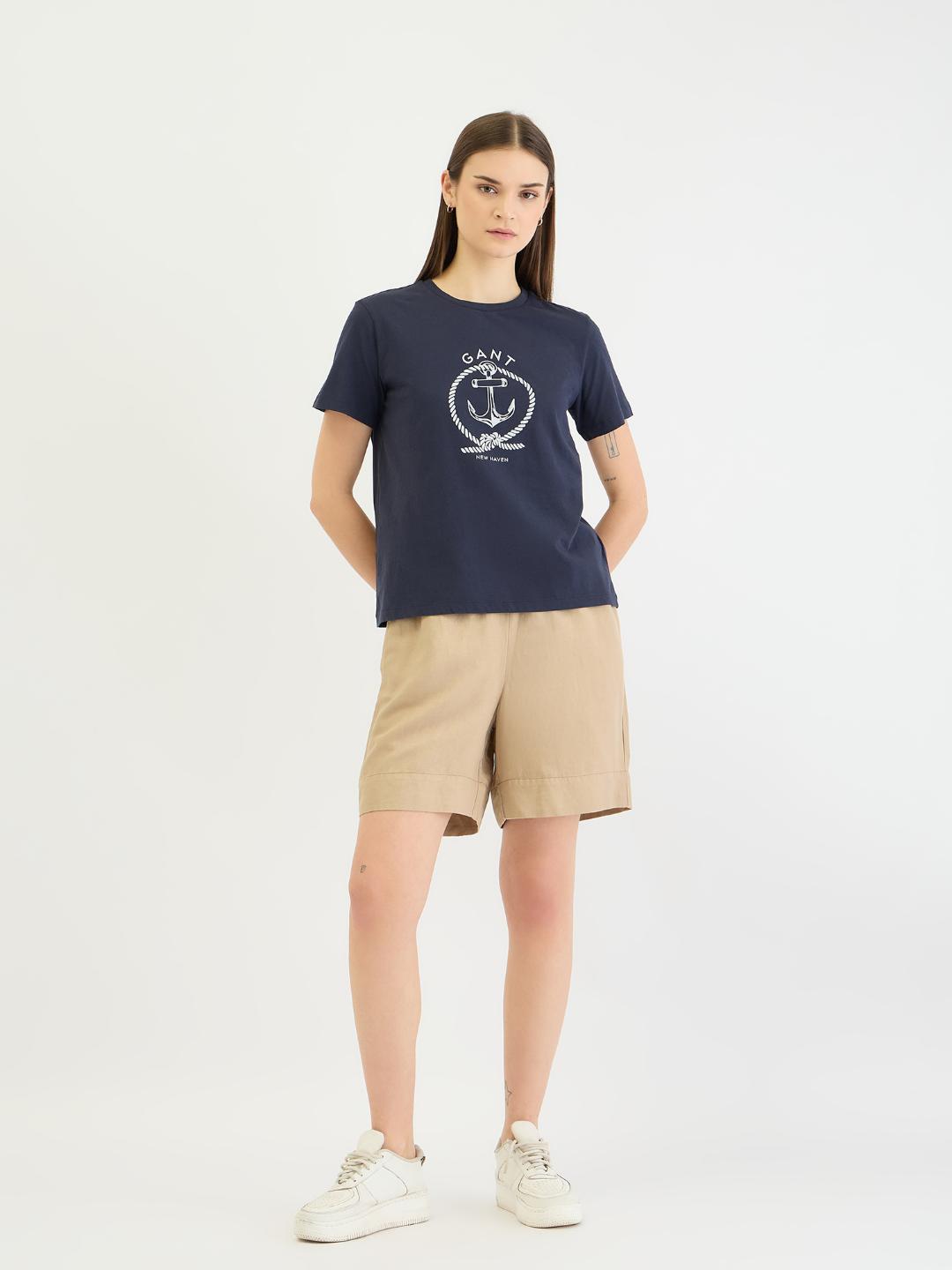 Gant Women Blue Placement Print Crew Neck Tshirt