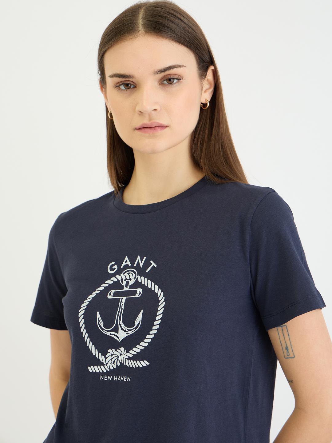 Gant Women Blue Placement Print Crew Neck Tshirt