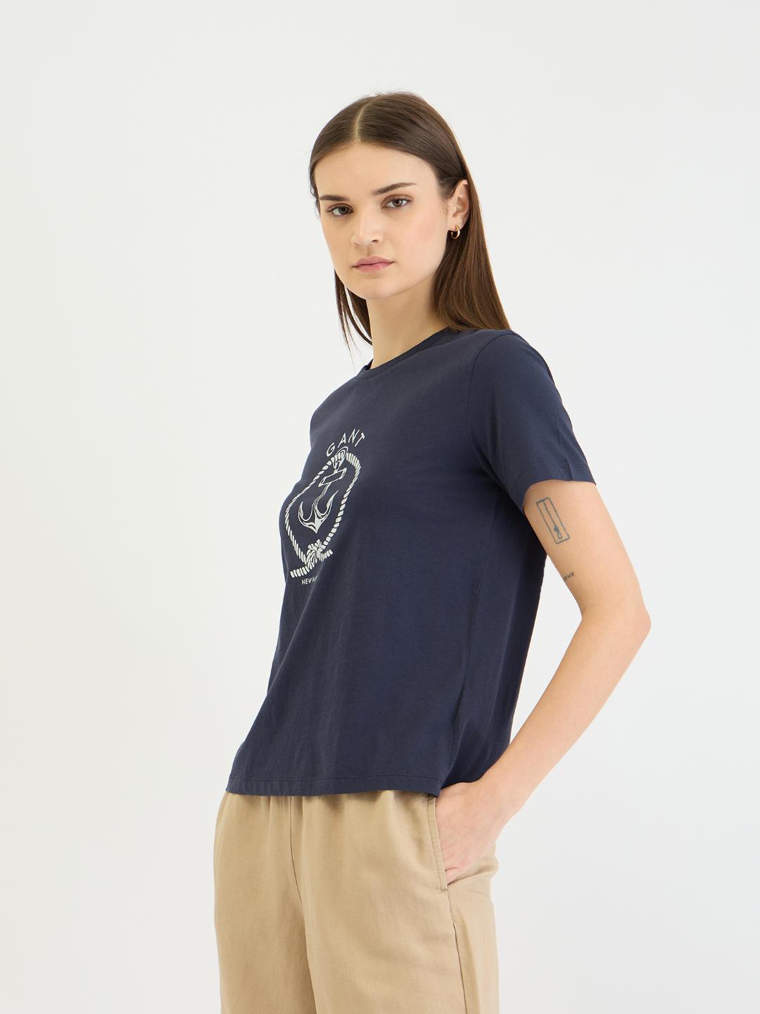 Gant Women Blue Placement Print Crew Neck Tshirt