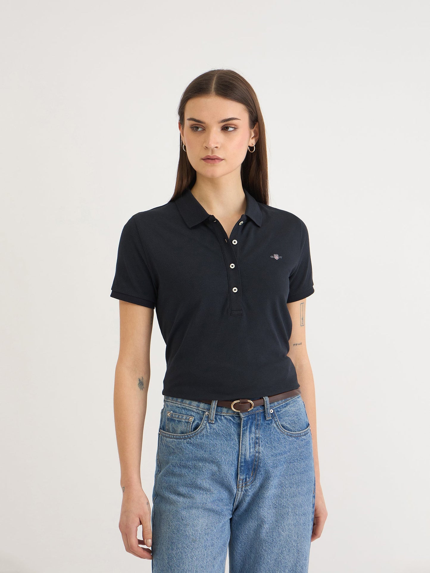 Gant Women Black Solid Polo Tshirt