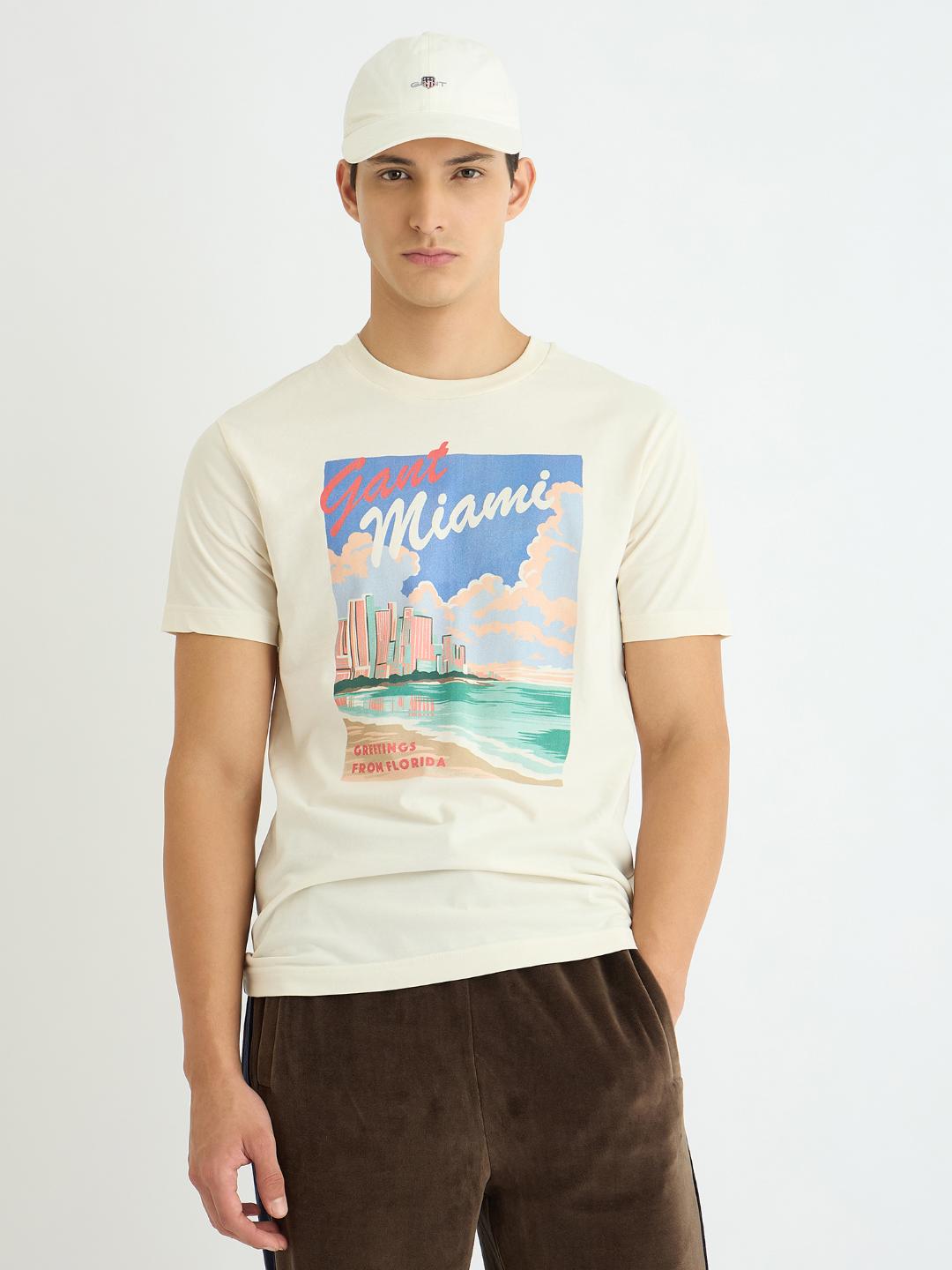 Gant Men Cream Printed Crew Neck Tshirt
