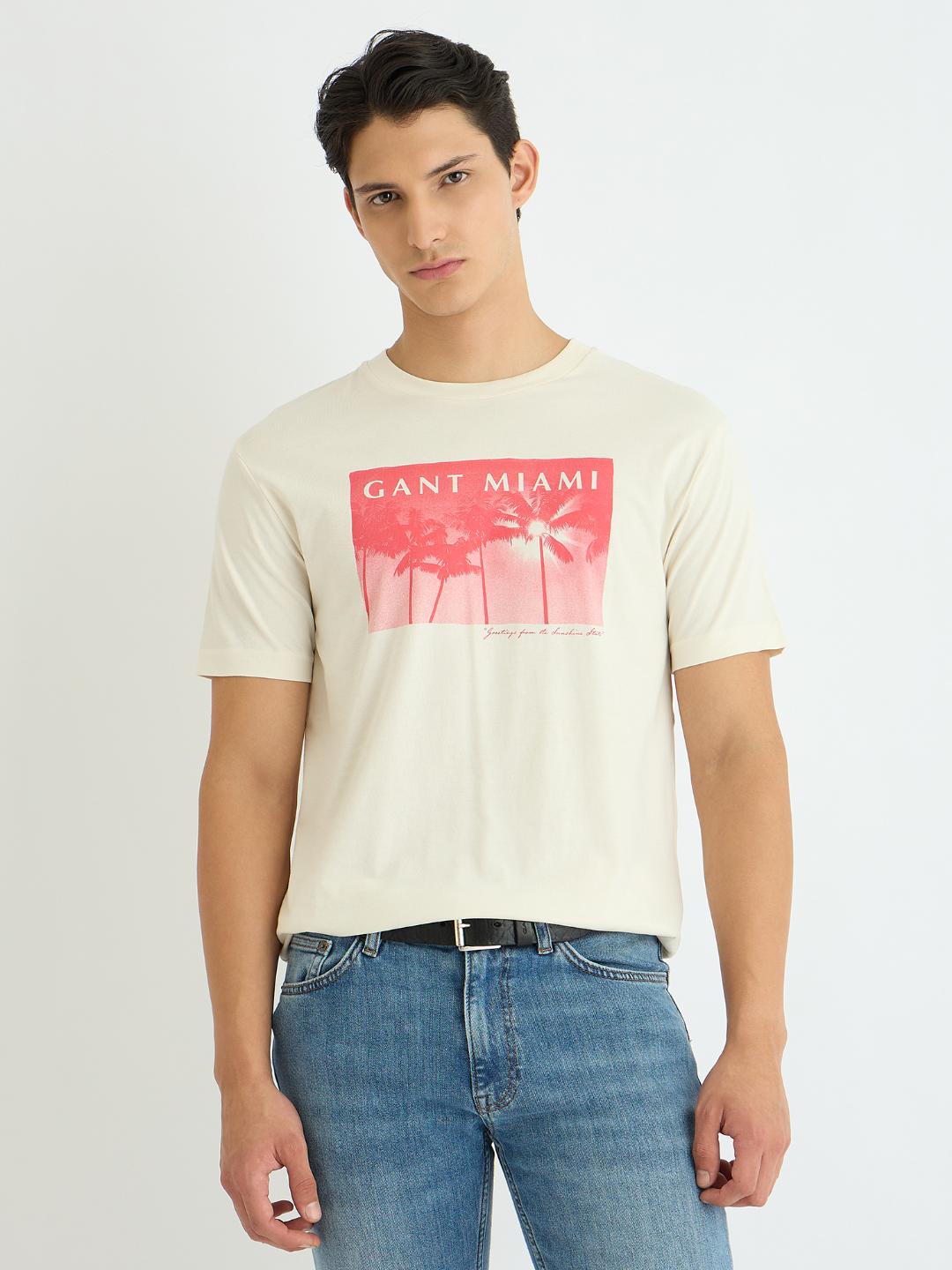 Gant Men Cream Printed Crew Neck Tshirt