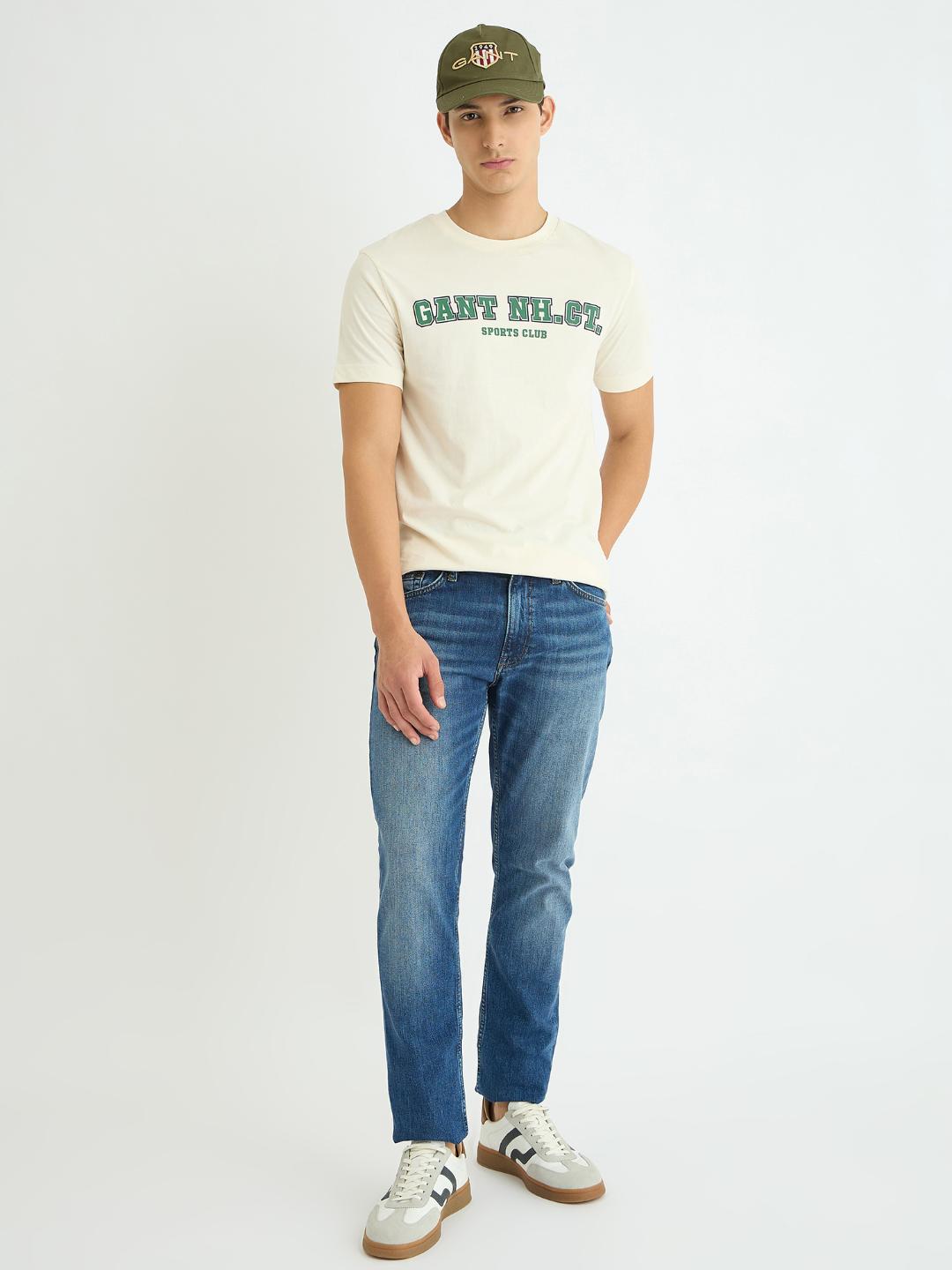Gant Men Cream Solid Crew Neck Tshirt