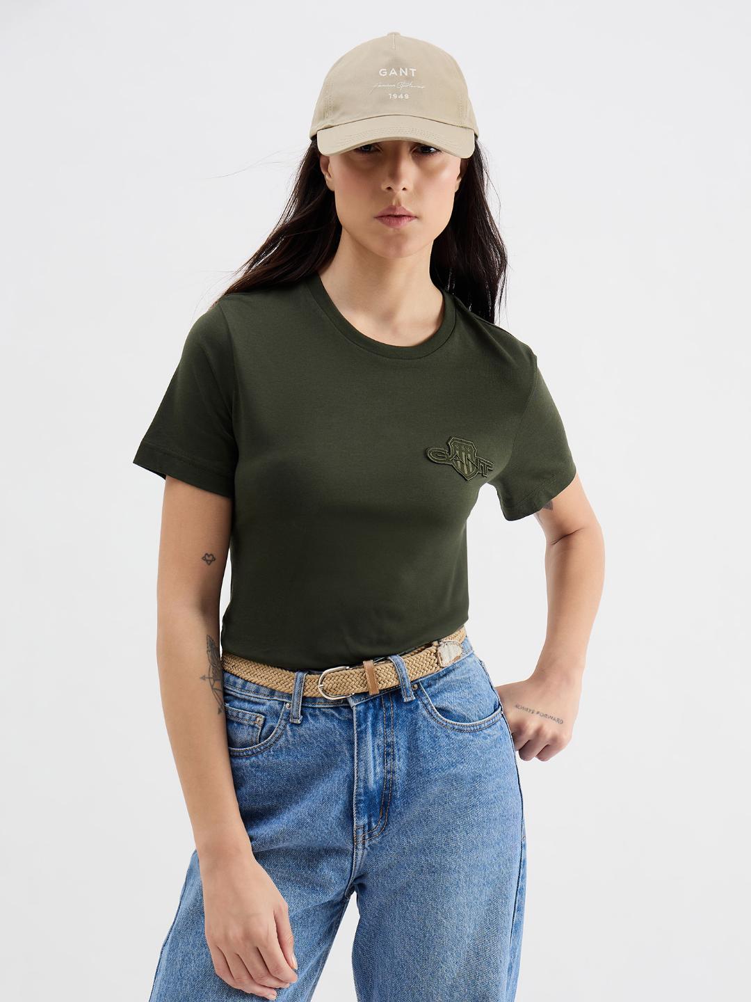 Gant Women Green Solid Crew Neck Tshirt