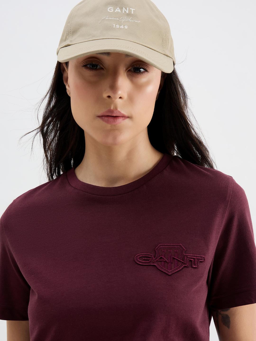 Gant Women Red Solid Crew Neck Tshirt