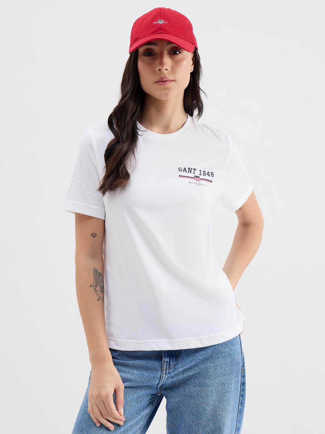 Gant Women White Solid Crew Neck Tshirt