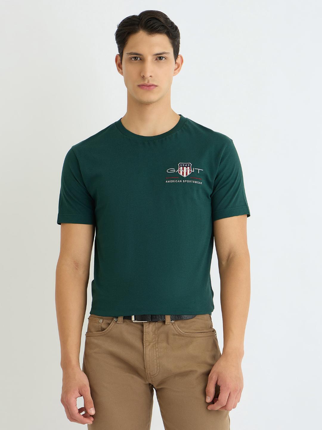 Gant Men Green Solid Crew Neck Tshirt