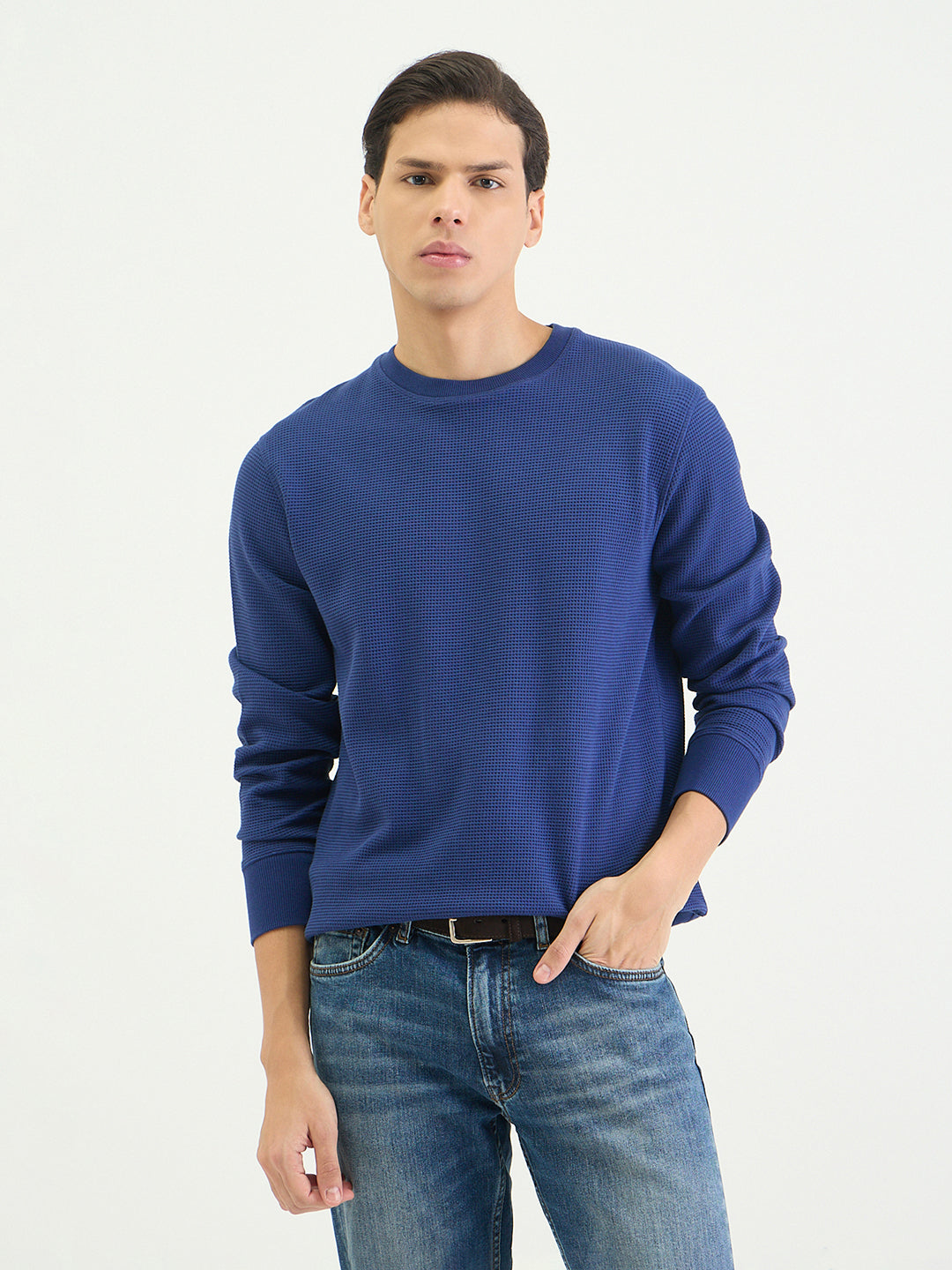 Gant Men Regular Dark Blue Textured Sweatshirt