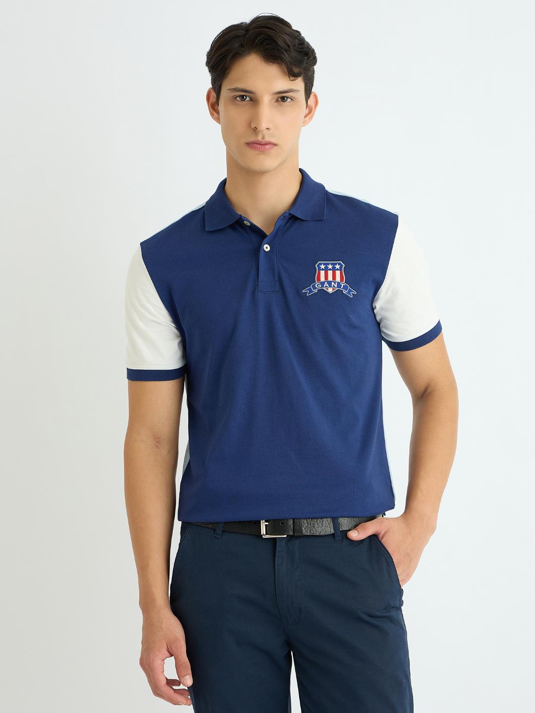Gant Men Blue Colour blocked Polo Tshirt