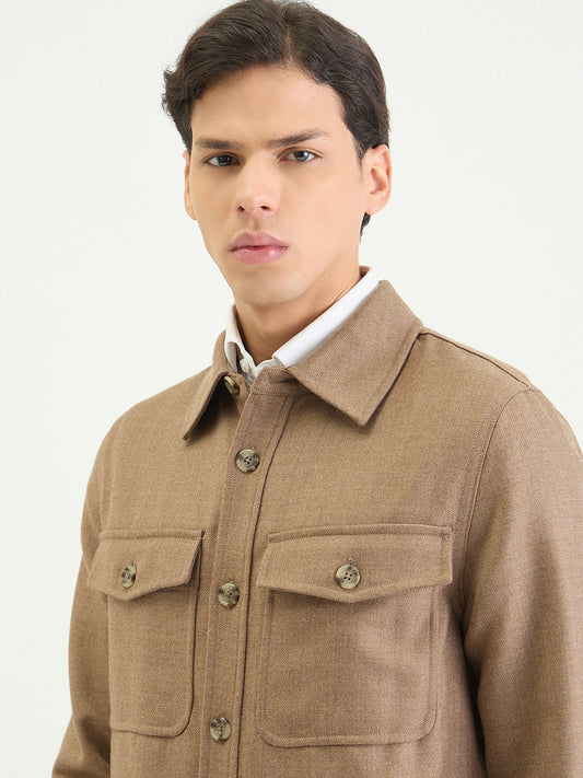 Gant Men Regular Brown Solid Wool Blend Oversize Shirt
