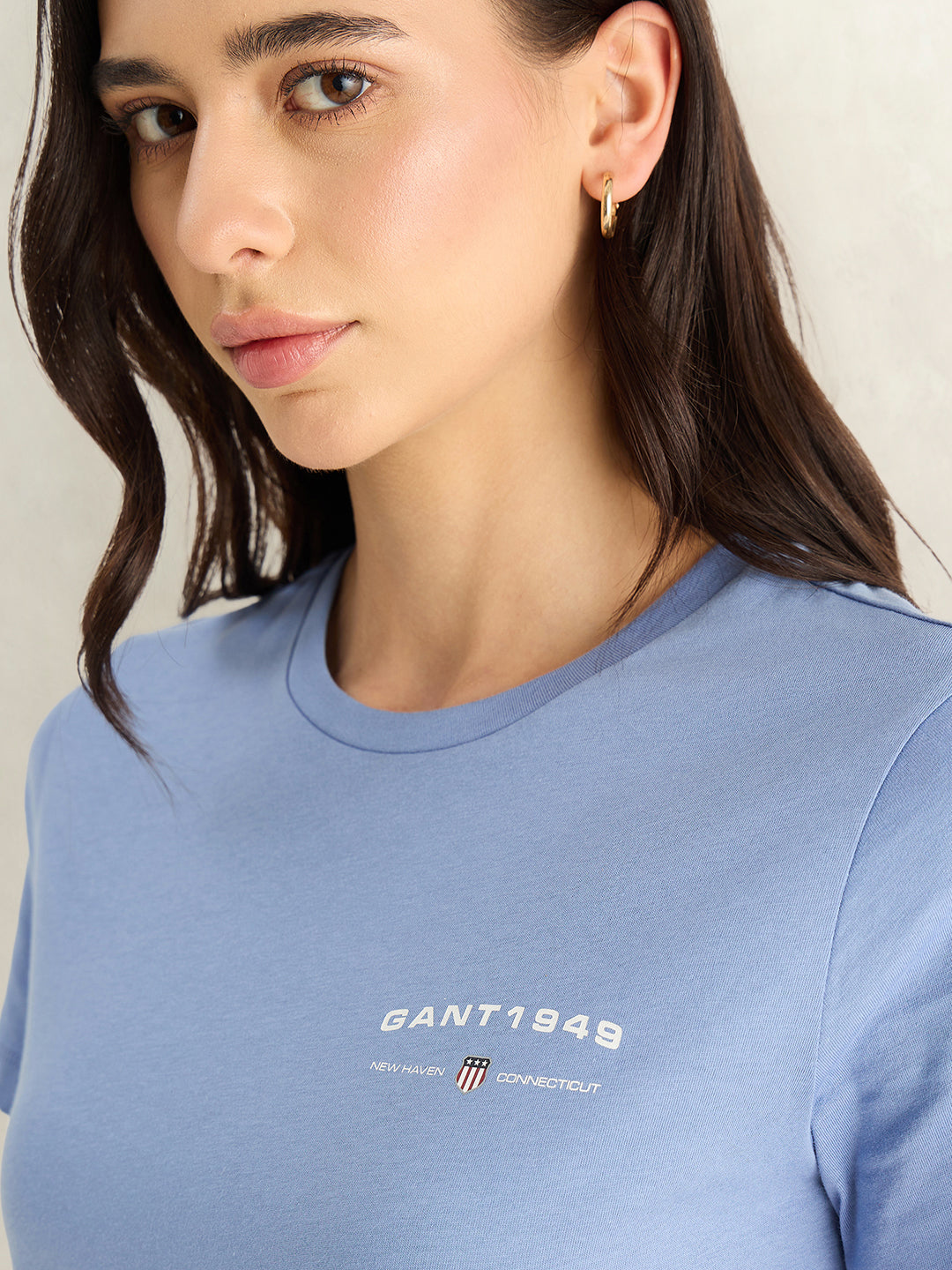 Gant Women Blue Solid Regular Fit Pure Cotton T-Shirt