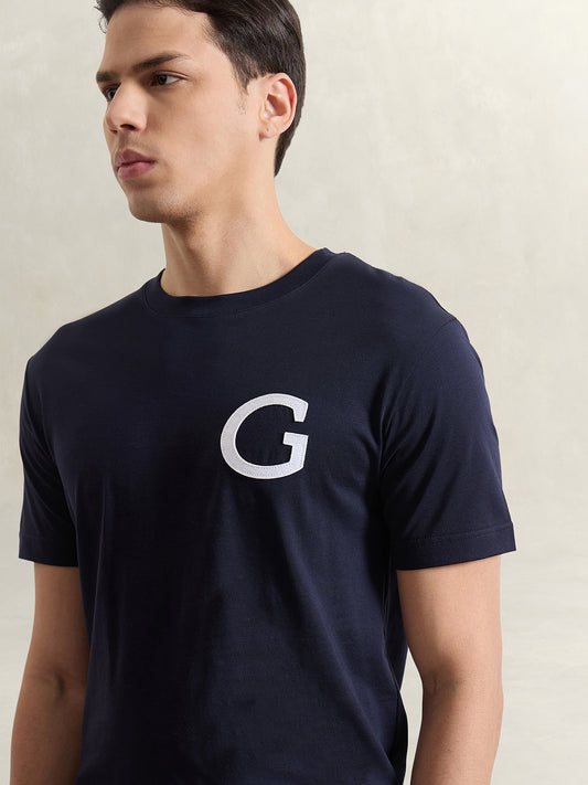Gant Men Navy Blue Solid Regular Fit T-Shirt