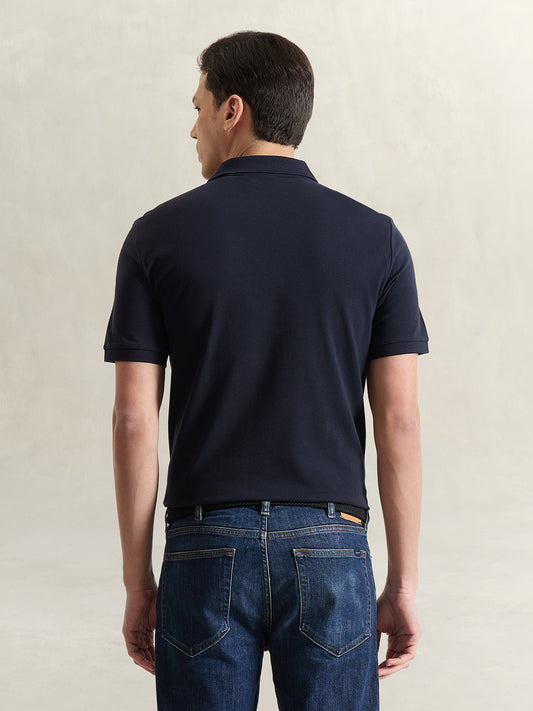 Gant Men Navy Blue Solid Regular Fit Pure Cotton Polo T-Shirt