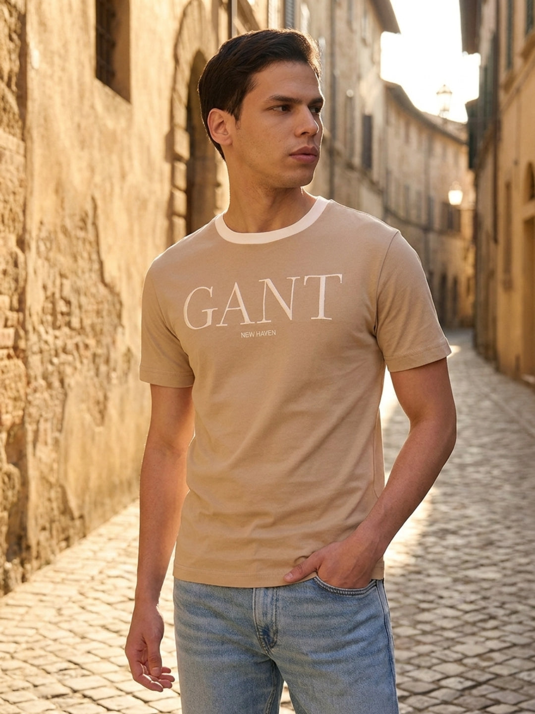 Gant Men Beige Solid T-Shirt