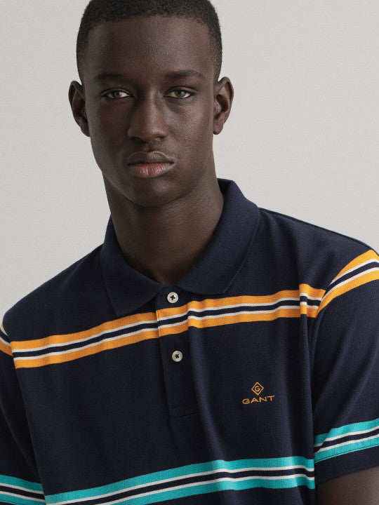 Gant Navy Blue Striped Regular Fit Polo Tshirt