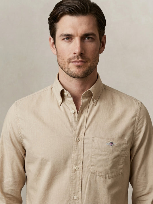 Gant Men Beige Solid Regular Fit Classic Poplin Shirt