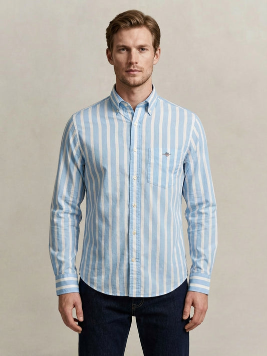 Gant Men Blue Striped Regular Fit Classic Poplin Shirt