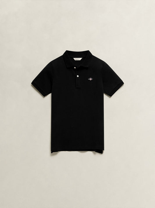 Gant Boys Black Solid Regular Fit Shield Pique Polo T-Shirt