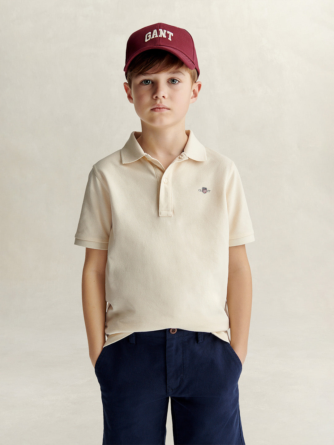 Gant Boys Cream Solid Regular Fit Shield Pique Polo T-Shirt
