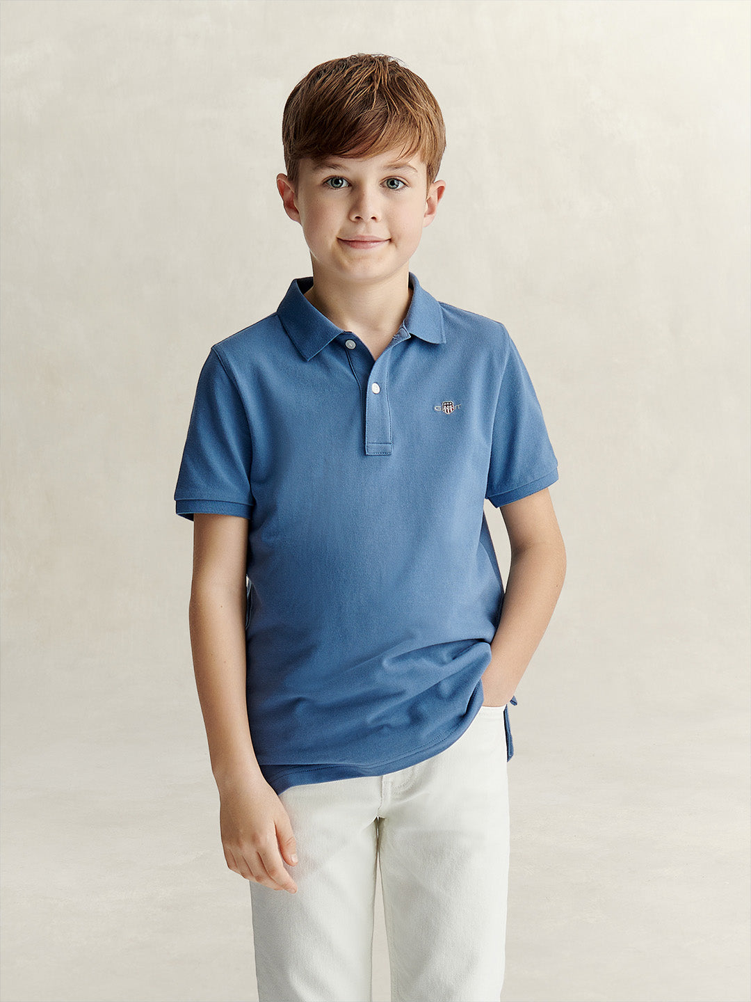 Gant Boys Blue Solid Regular Fit Shield Pique Polo T-Shirt