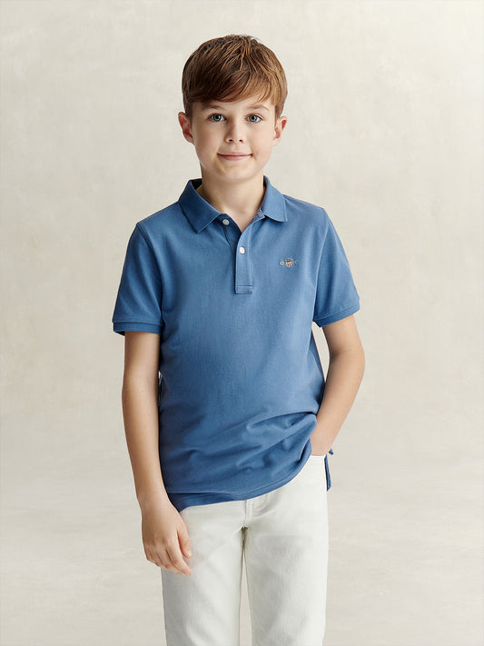 Gant Boys Blue Solid Regular Fit Shield Pique Polo T-Shirt