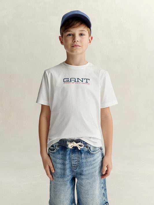 Gant Boys White Printed Regular Fit Pure Cotton T-Shirt