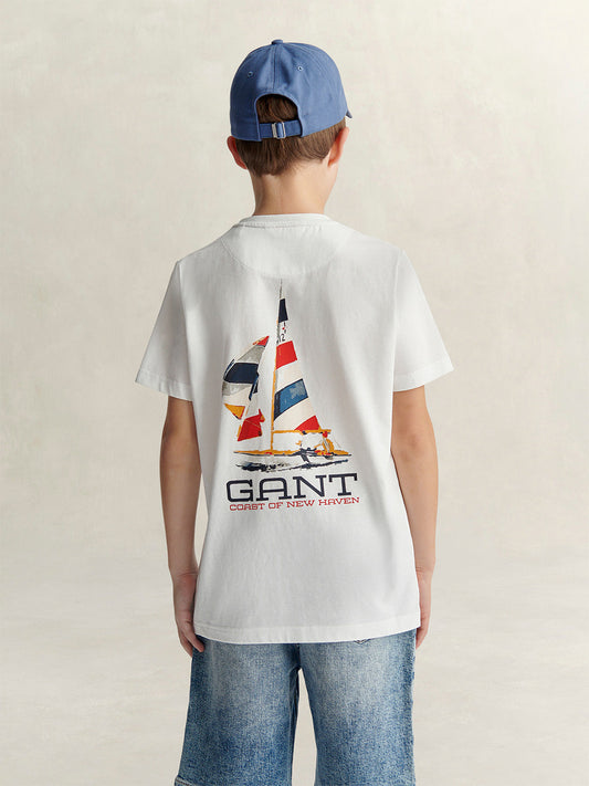 Gant Boys White Printed Regular Fit Pure Cotton T-Shirt