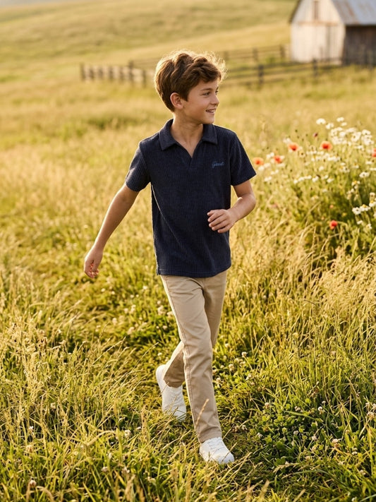 Gant Blue Cotton Textured Boys Regular Fit Polo Tshirt