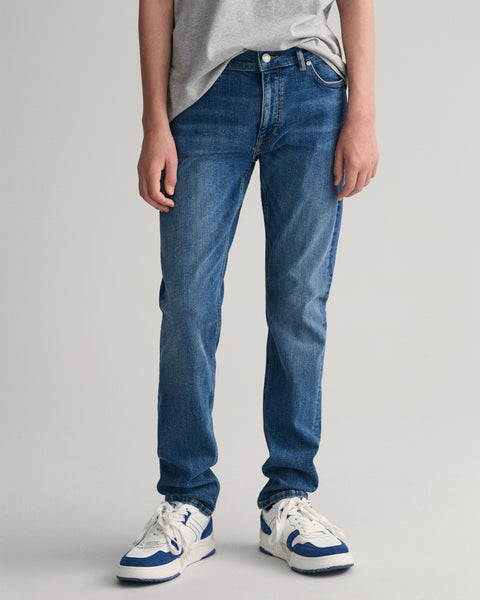 Gant Boys Blue Washed Mid-Rise Slim Fit Jeans