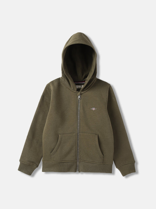 Gant Kids Green Solid Hooded Full Sleeves Front-open Sweatshirt