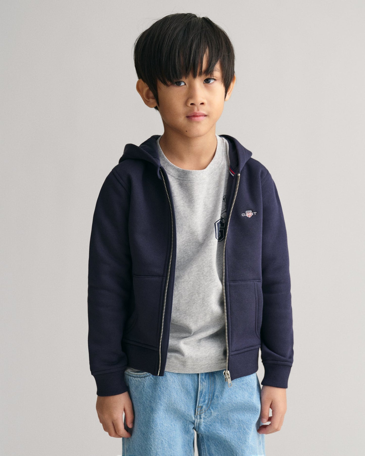 Gant Kids Blue Solid Hooded Full Sleeves Front-open Sweatshirt