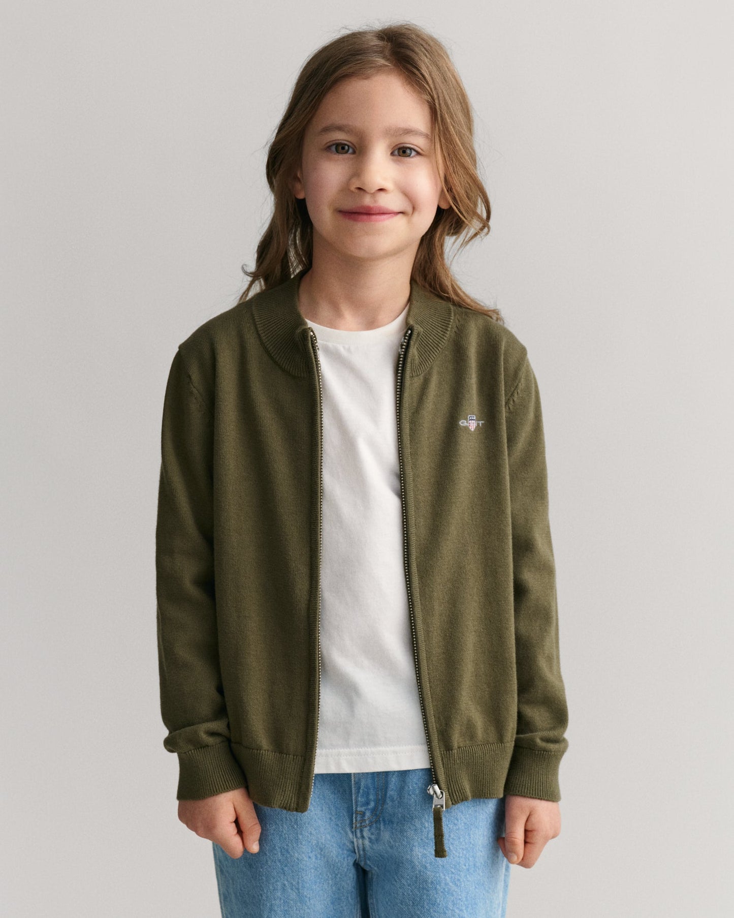 Gant Kids Green Solid Round Neck Full Sleeves Cardigan