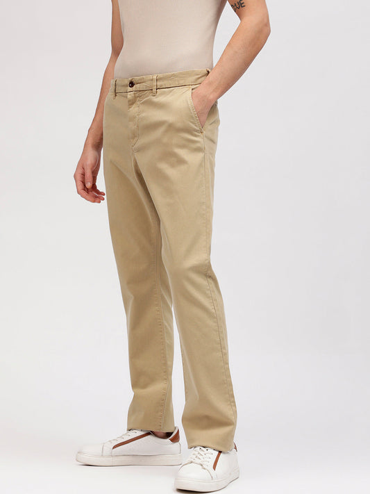 Gant Men Khaki Solid Flat Front Slim Fit Mid-Rise Trouser