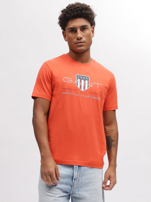 Gant Men Orange Solid Round Neck Short Sleeves T-Shirt