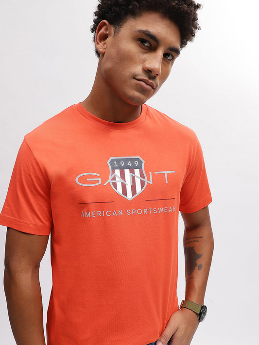 Gant Men Orange Solid Round Neck Short Sleeves T-Shirt