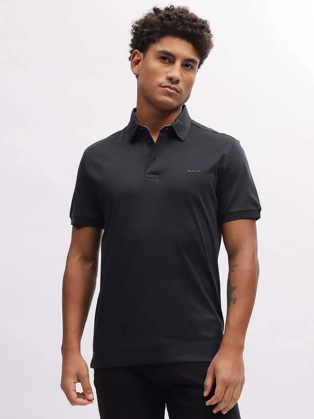 Gant Men Black Solid Polo Collar Short Sleeves T-Shirt