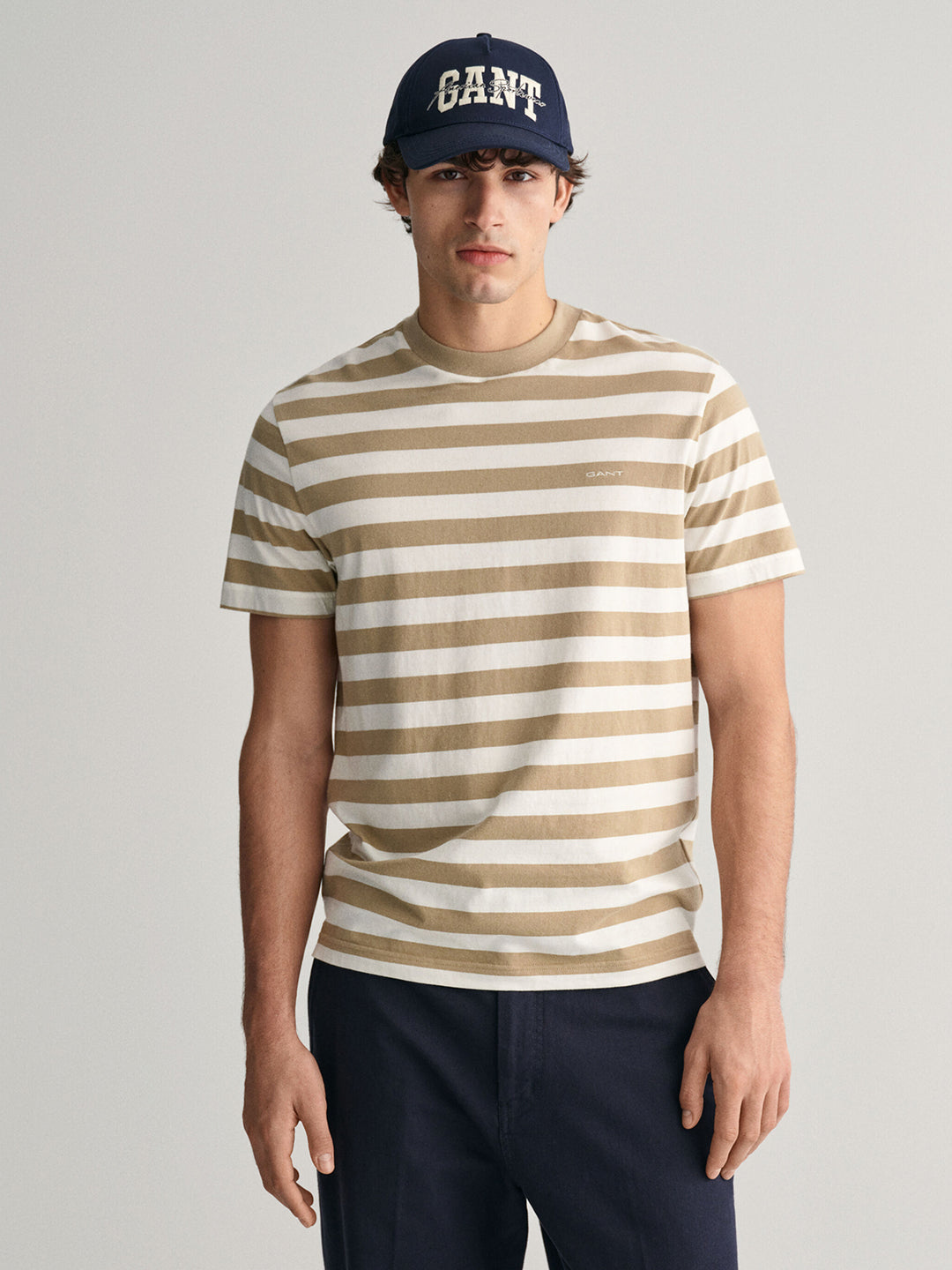 Gant Men Khaki Striped Round Neck Short Sleeves T-Shirt