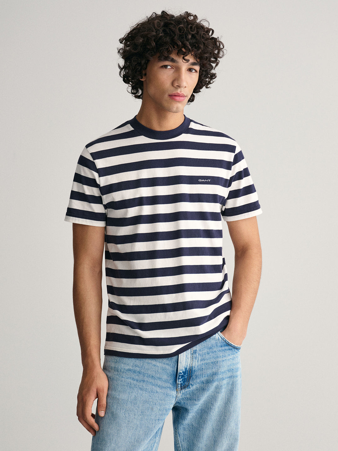 Gant Men Blue Striped Round Neck Short Sleeves T-Shirt