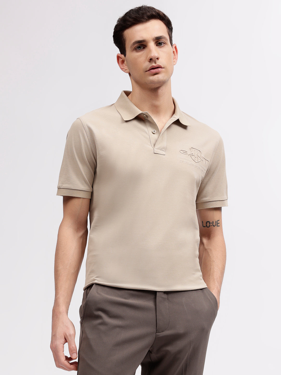 Gant Men Beige Solid Polo Collar Short Sleeves T-shirt